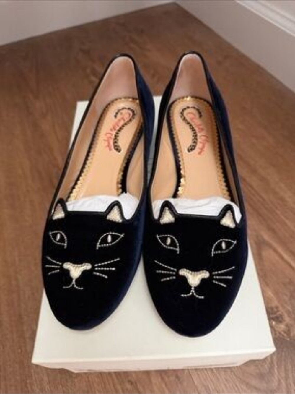 Charlotte Olympia Black Velvet Kitty Face Flats with Gold Embroidery